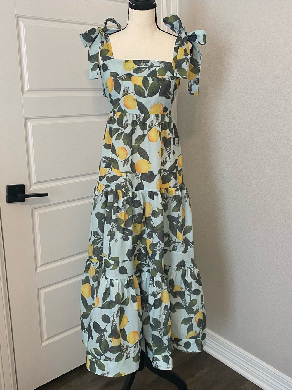 ChicWish Tie-Shoulder Lemon Print Maxi Dress in Light Blue - Picture 2 of 16